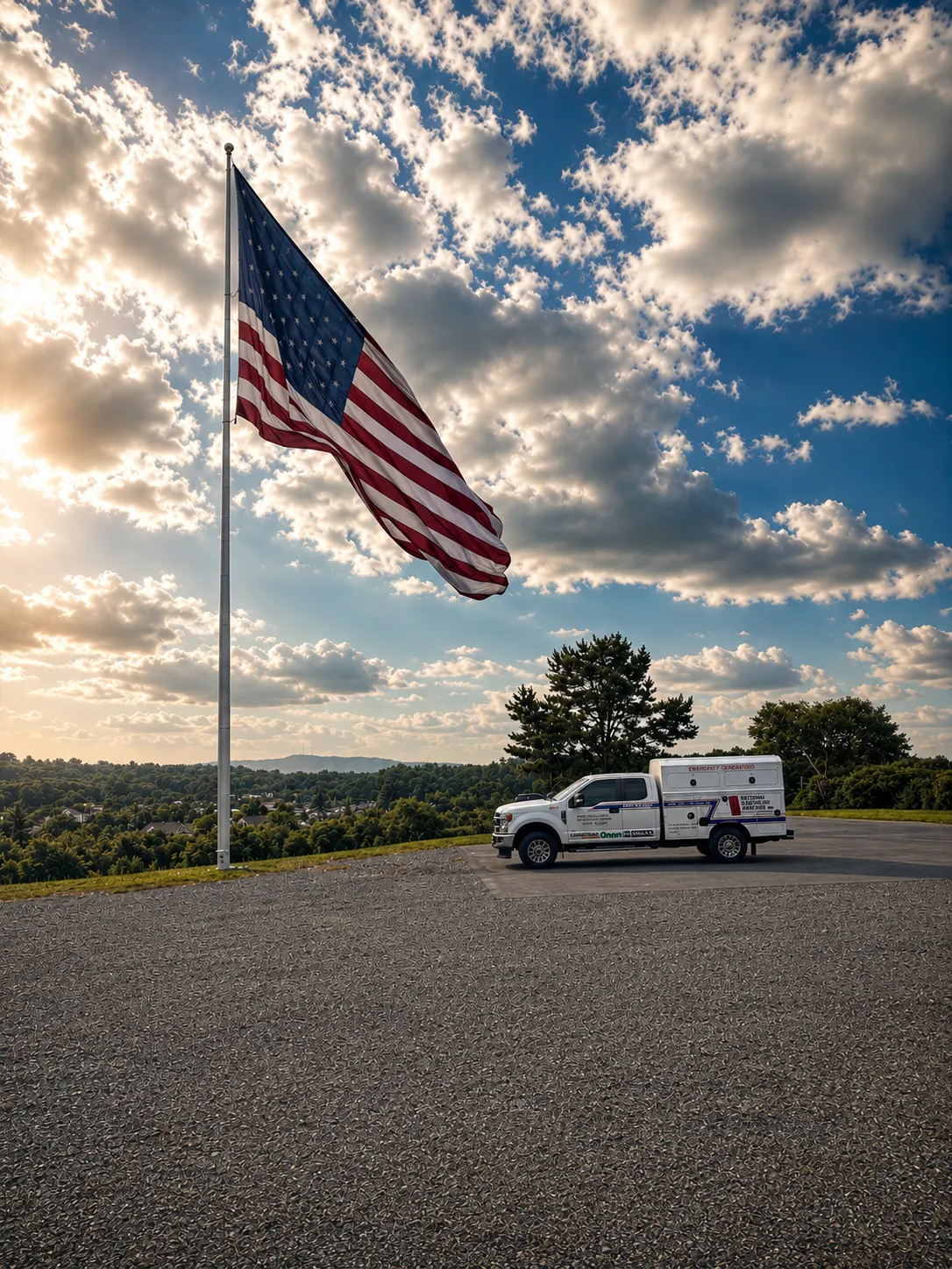 National Standby Repair service truck beside an American flag