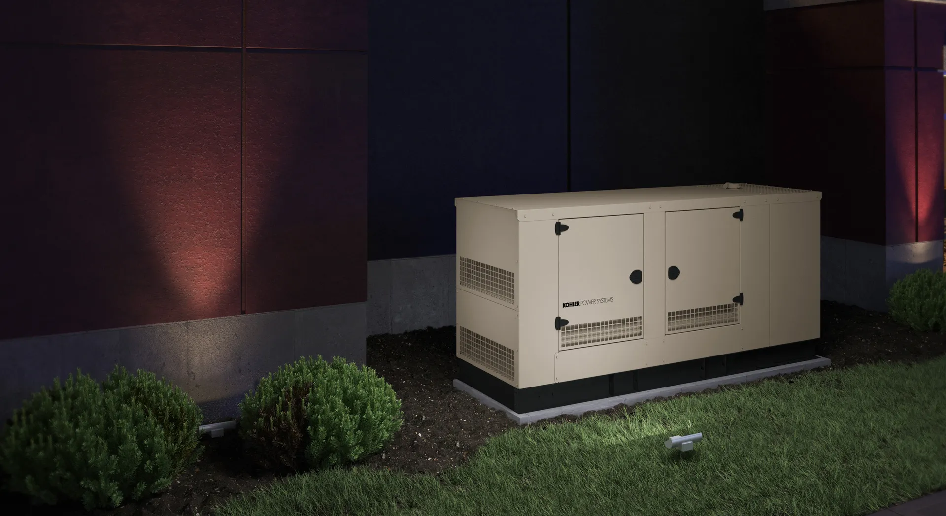 Standby generator installed outside a home at night