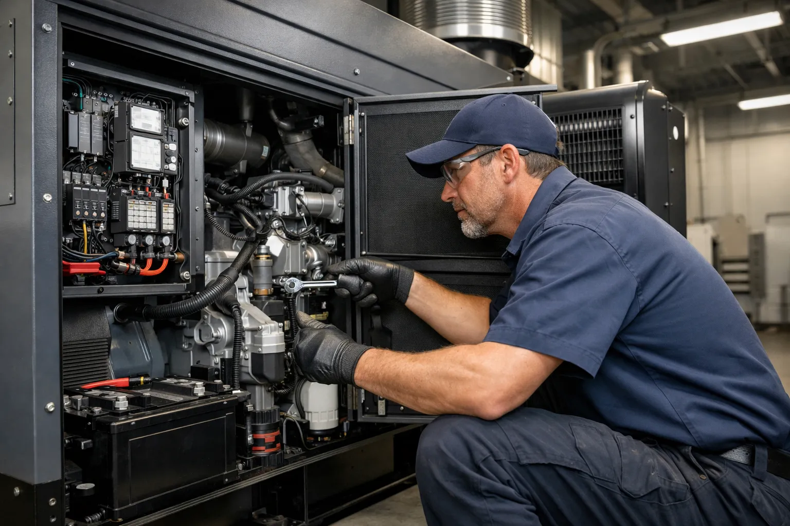 Technician inspecting a generator control panel