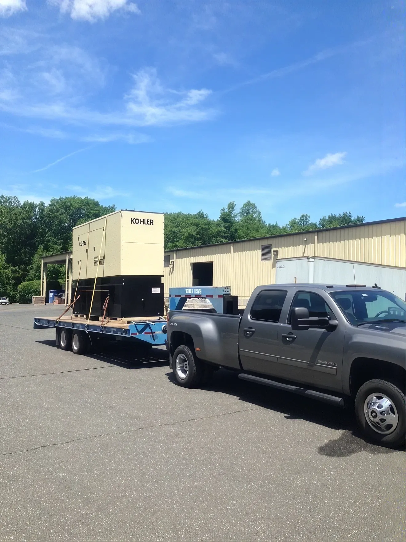 Kohler generator being delivered on a flatbed trailer